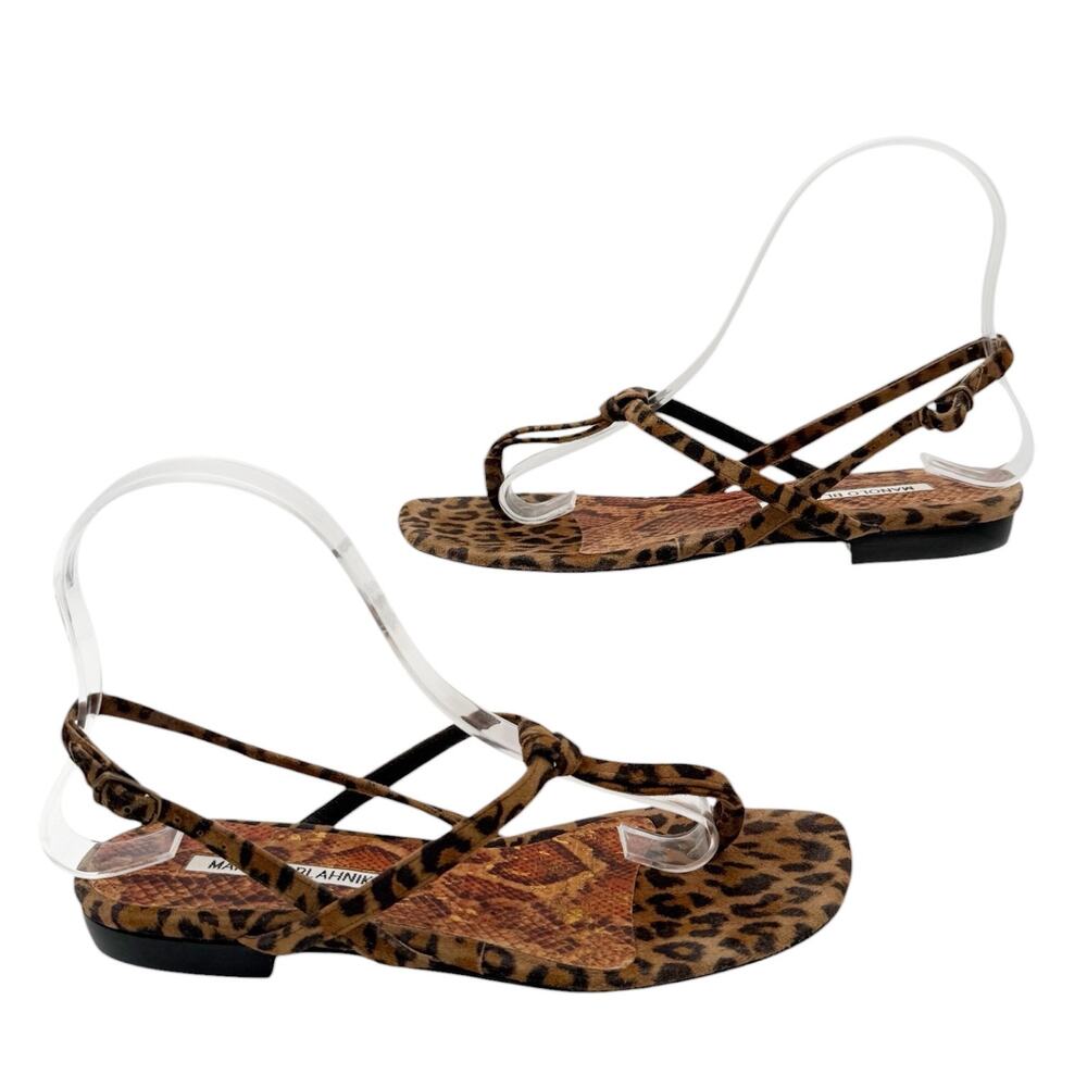 Manolo Blahnik Hata Thong Slingback Flat Sandals in Suede Leopard EU 37 US 7 - Picture 7 of 12